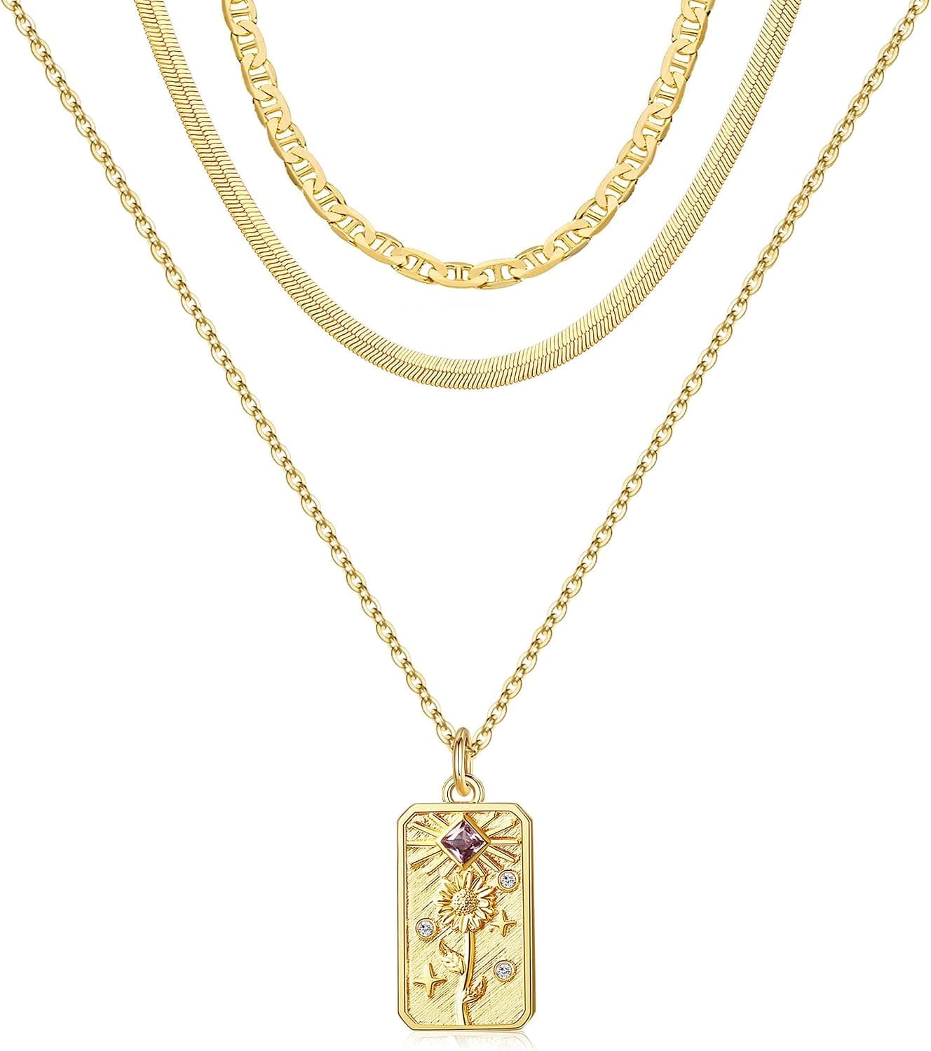 GetveLy Birth Flower Layered Necklace for Women,Pendant Necklace 18K Gold Plated Dainty Paperclip Chain Floral Necklace Personalized Jewelry Birthday Gift for Mom Daughter