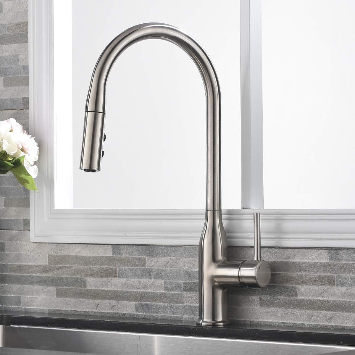 Comllen Best Commercial Brushed Nickel Single Handle Pull Down Sprayer Kitchen Sink Faucet,Stainless Steel High Arc Kitchen sink Faucets