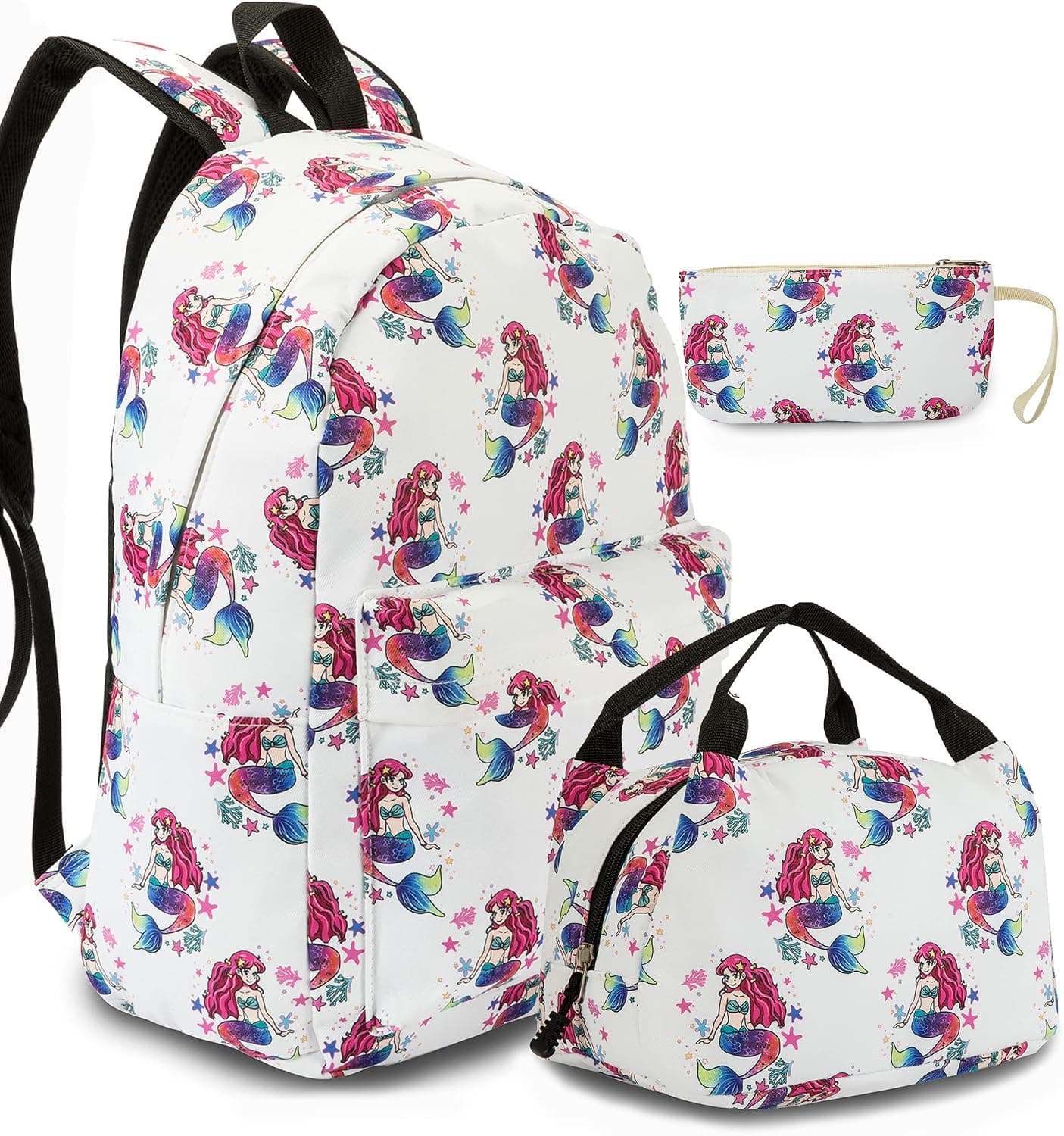 cuesr Mermaid Girls Backpack with Lunch Box,Kids Cute Lightweight Kindergarten Elementary School Bookbag