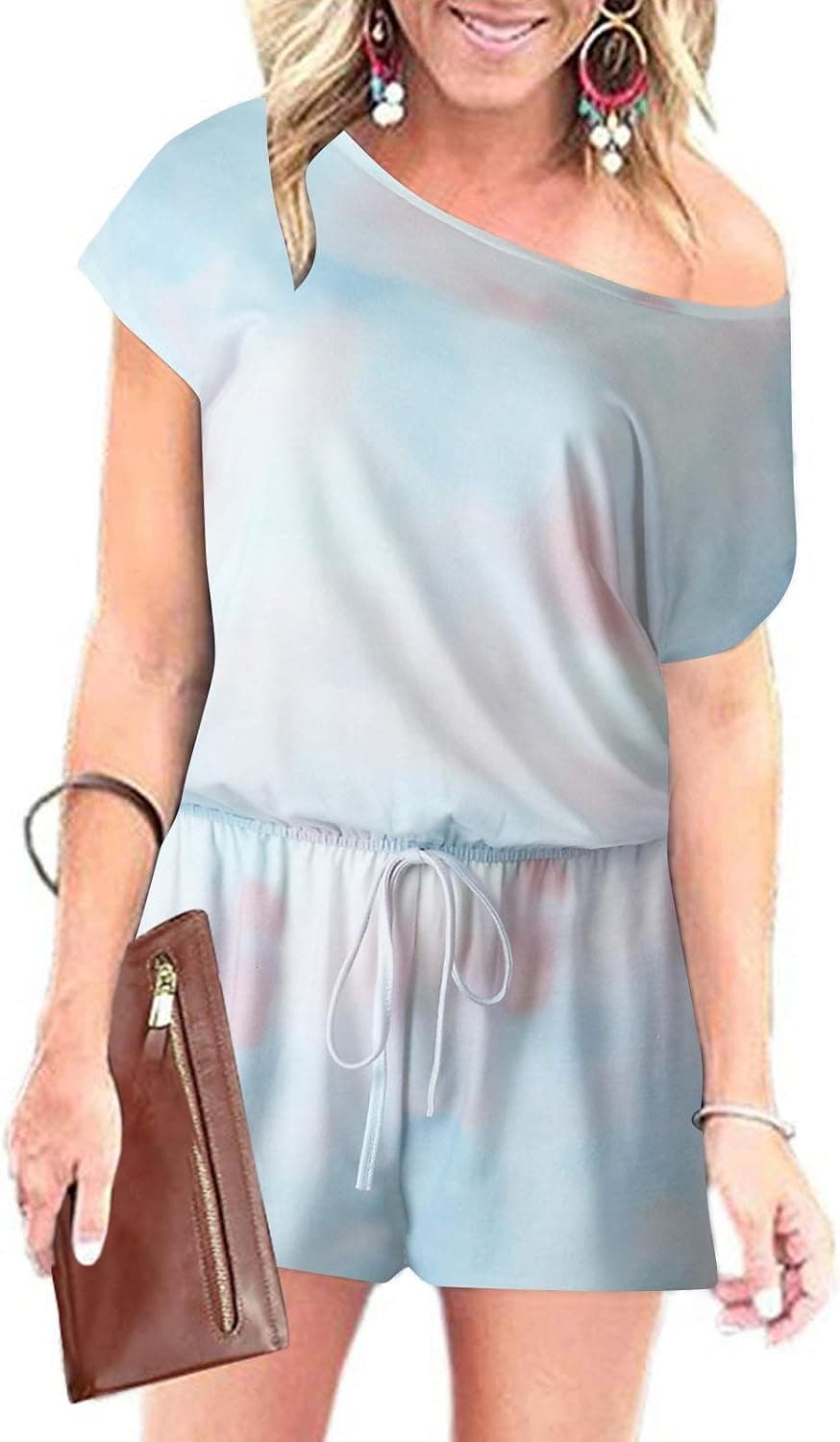 MILLCHIC Women's Summer Casual Short Sleeve Crew Neck Loose Elastic Waist Jumpsuit Rompers with Pockets