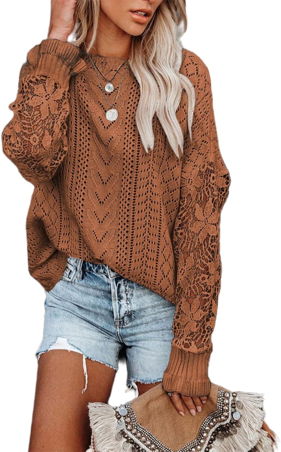 Dokotoo Womens Crewneck Crochet Lace Long Sleeve Hollow Out Cable Knit Pullover Sweaters Tops
