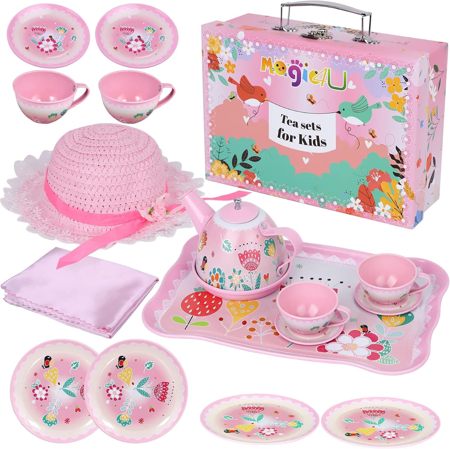 Tea Set for Little Girls, 20PCS Princess Tea Party Play Toy Including Teapot,Cups,Coasters,Plates,Spoons,Serving Tray,Tablecloth and Carrying Bag, Kids Kitchen Pretend Play for Girls Boys Age 3-6