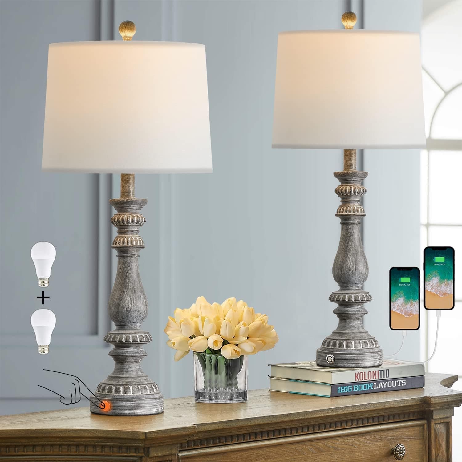 BOBOMOMO Rustic 3-Way Dimmable Touch Table Lamps for Bedroom Farmhouse Bedside Lamp Set of 2 with Dual USB Charging Ports for Living Room Vintage Rustic Traditional Nightstand Lamps (2 Bulbs Included)