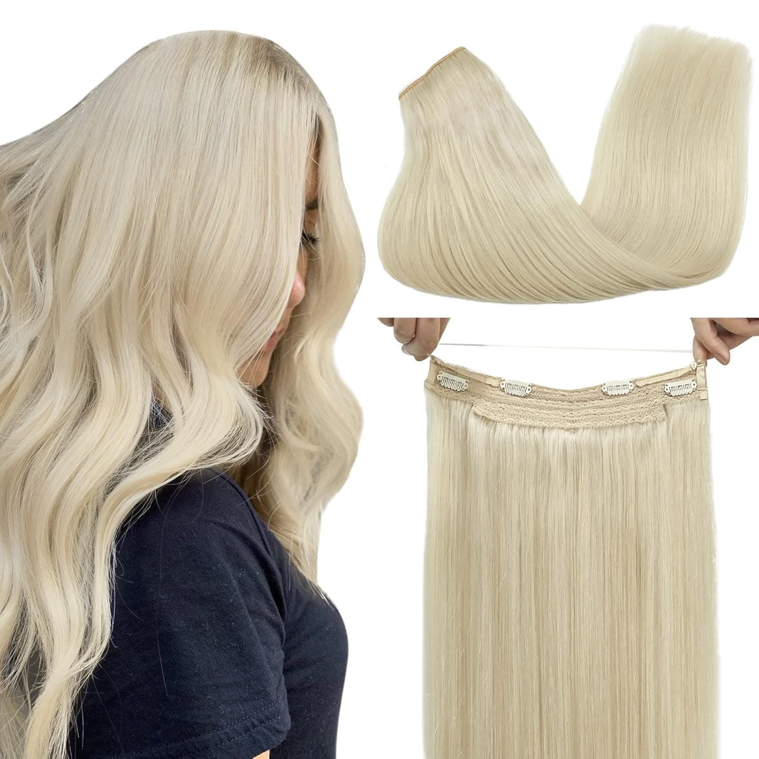 GOO GOO Wire Hair Extensions 14 Inch 75g Human Hair Extensions Platinum Blonde Extensions with Wire Natural Remy Human Hair Extensions Thick Hair Extensions Straight Hairpiece