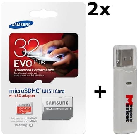 2 Pack - Samsung Evo Plus 32GB MicroSD HC Class 10 UHS-1 80mb/s Mobile Memory Card 32G MB-MC32DA with Adapter LOT of 2 and USB 2.0 MemoryMarket Dual Slot MicroSD & SD Memory Card Reader