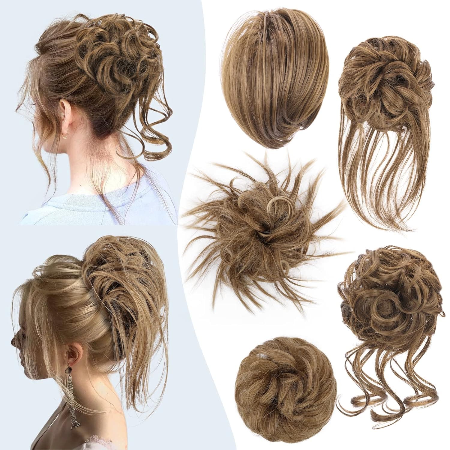 HMD 5 Pieces Messy Hair Bun Hairpiece Tousled Updo for Women Hair Extension Ponytail Scrunchies with Elastic Rubber Band Long Updo Messy Hairpiece Hair Accessories Set for Women (Light Brown mix Natural Blonde)