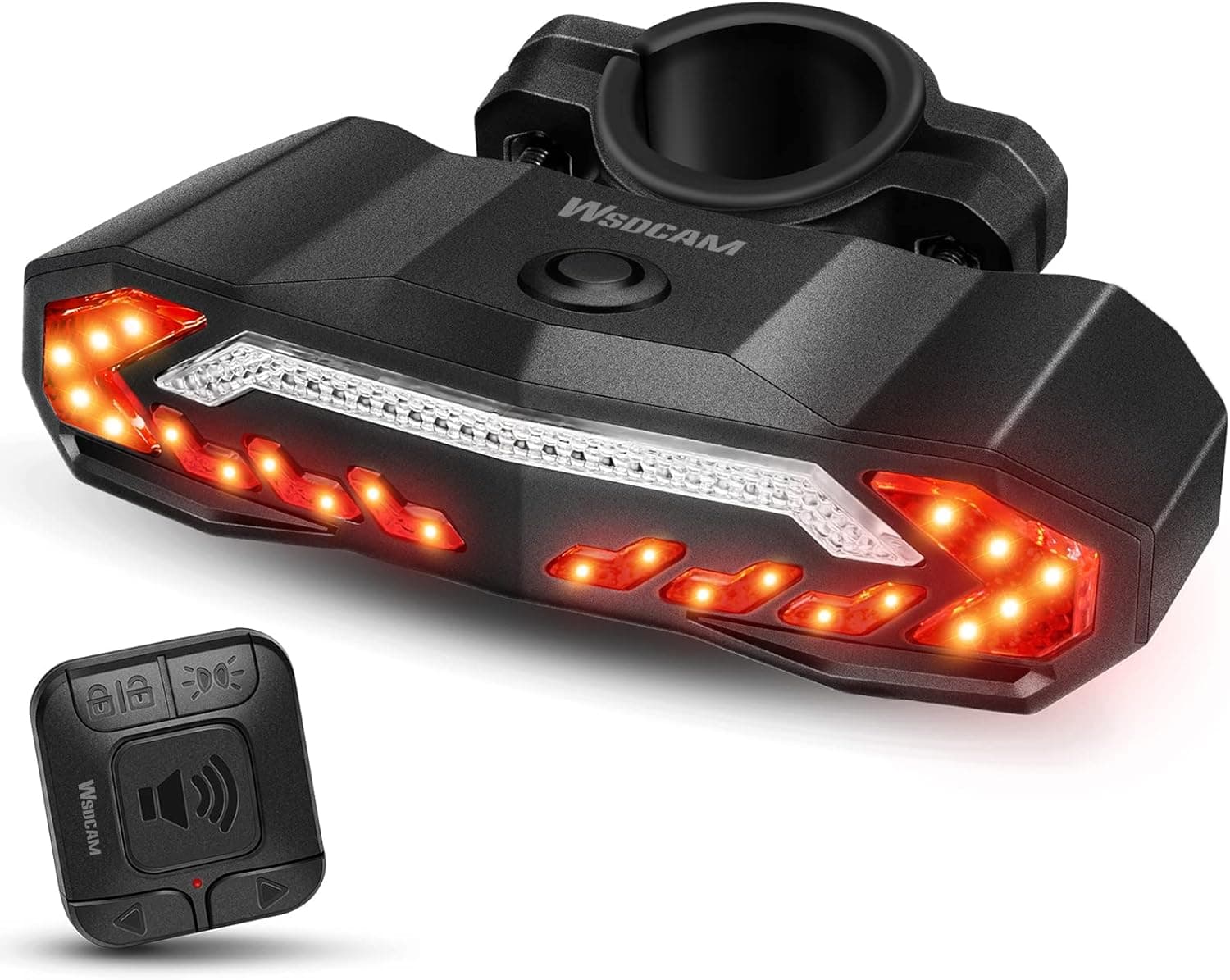 WSDCAM Smart Bike Tail Light with Turn Signals and Brake Light, Bike Alarm Horn with Remote, Auto ON/Off Rechargeable Waterproof Bike Horn Alarm Rear Bike Brake Light Turn Signals Bicycle Tail Light