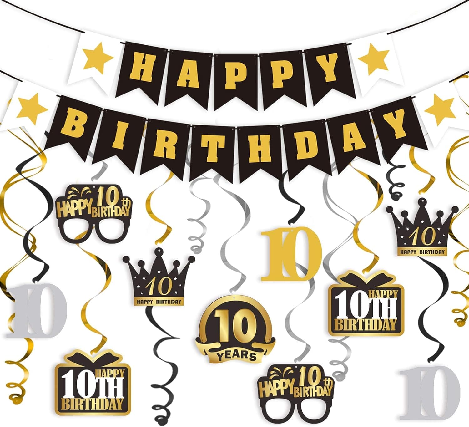 LINGTEER Happy 10th Birthday Swirls Streamers Set - Happy Birthday Banner,Cheers to 10th Birthday Ten Years Old Bday Party Hanging Backdrop Decorations.