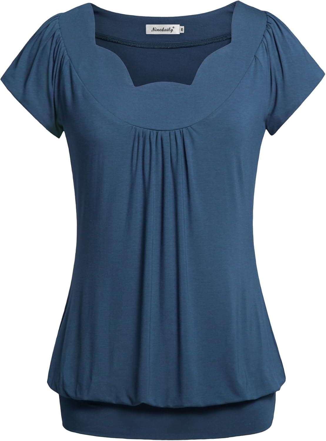 Ninedaily Women Tops Short Sleeves Fluted Collar Draped Summer Blouse Blue
