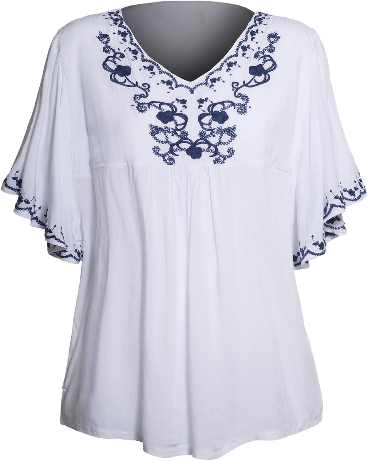 Women's Split Neck Kimono Sleeve Embroidery Breezy Loose Fit Plus Size Top