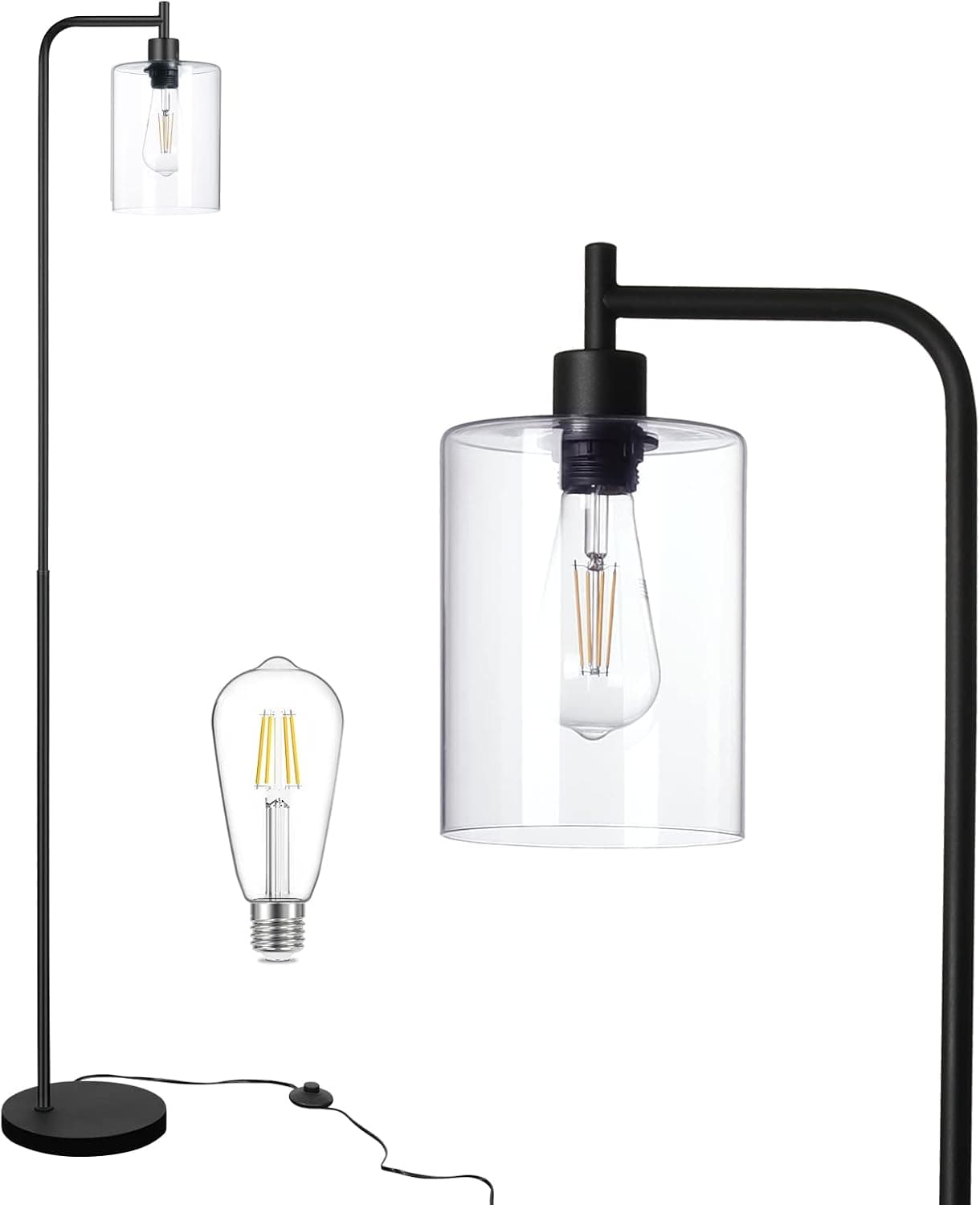 Consciot Industrial LED Floor Lamp, with Hanging Glass Shade, ST64 9W Vintage Filament Bulb, Foot Switch, Modern Standing Lamps Tall Pole Lights for Living Room Bedroom Home Office Reading