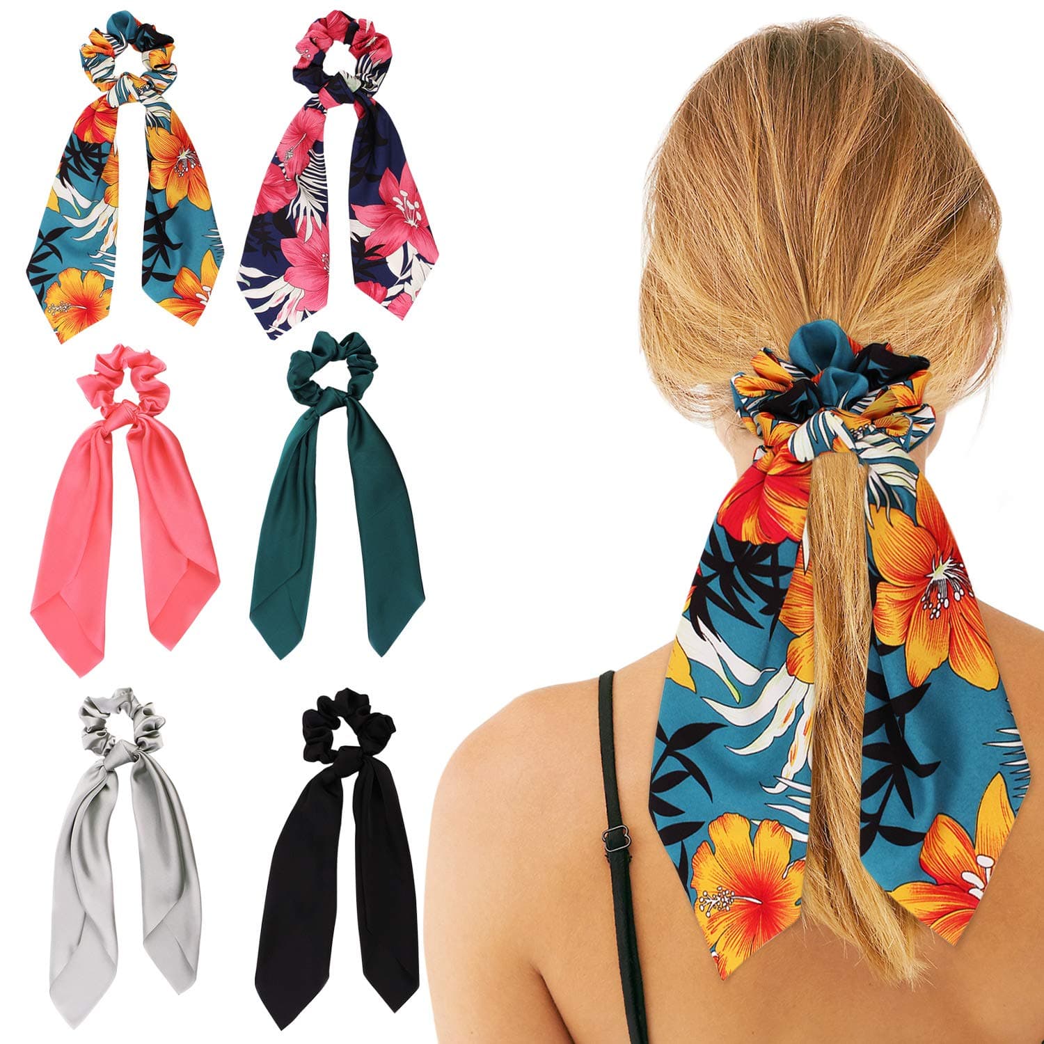 6Pcs Hair Scrunchies, PTSLKHN Satin Silk Hair Scrunchies and Chiffon with Flower Pattern Elastic Ponytail Hair Bands Hair Scarf, 2 in 1 Vintage Bowknot Hair Accessories for Women or Girls