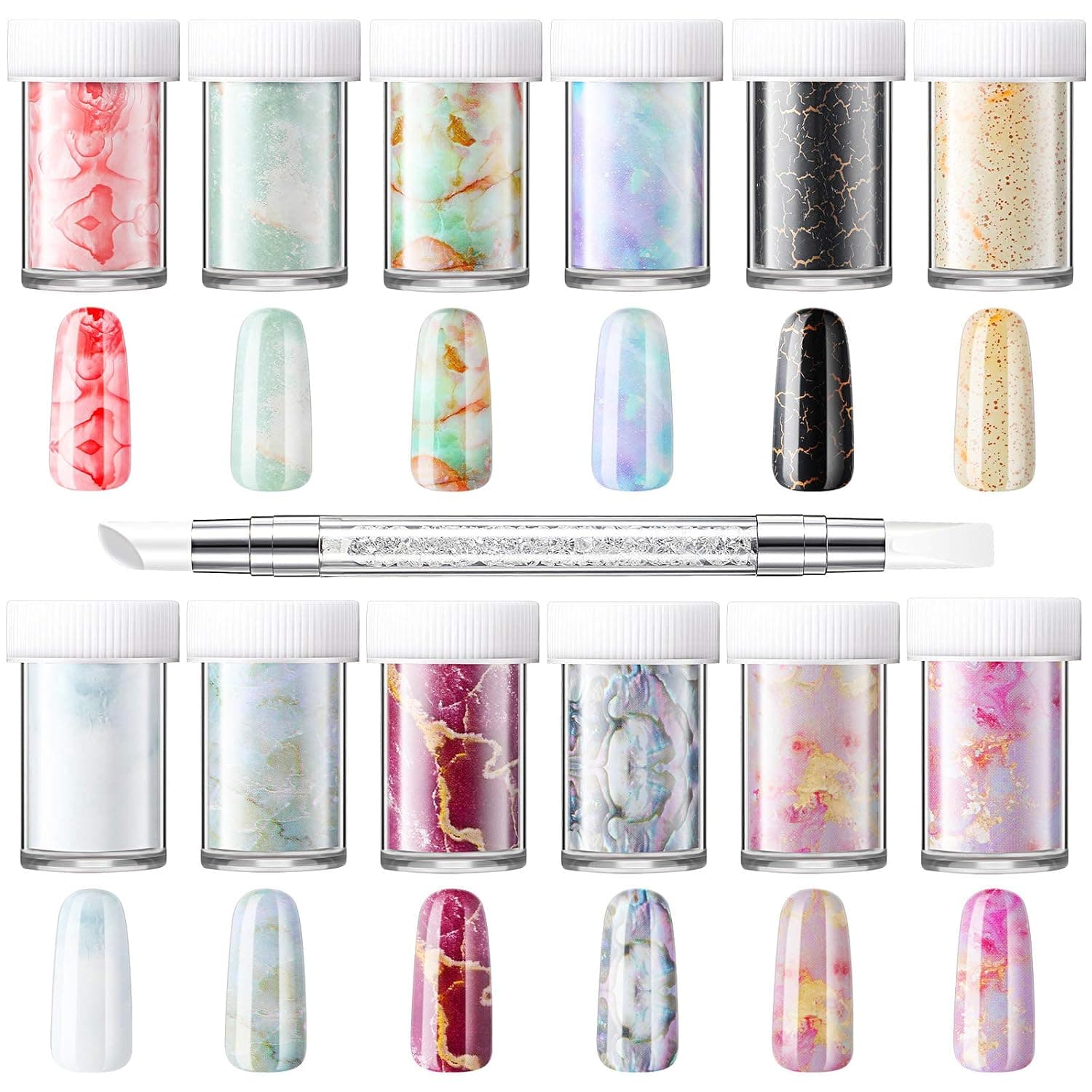 12 Boxes Marble Nail Foil Transfer Sticker with Nail Art Sculpture Pen Colorful Marble Nail Decals Marble Print Nail Foil Wraps Marble Foil Nail Art Stickers for DIY Nail Decoration Women Girls.