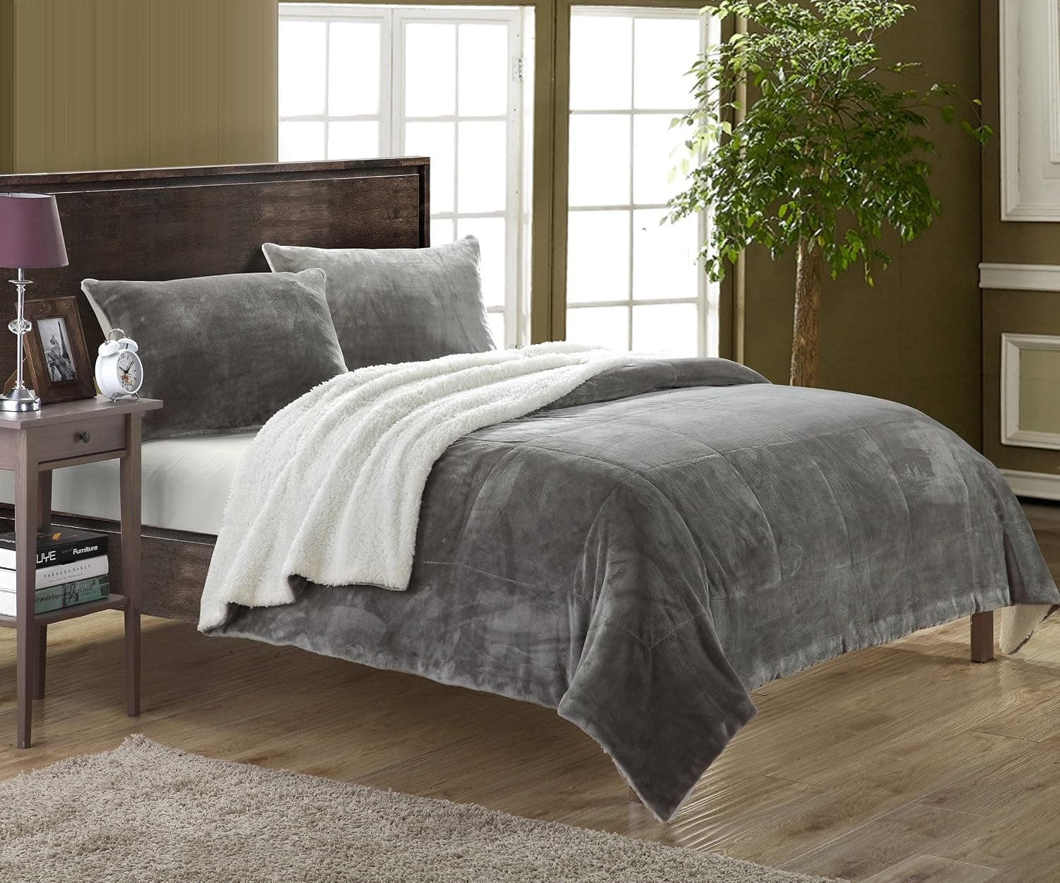 Chic Home Evie 3 Piece Blanket Set Soft Sherpa Lined Microplush Faux Mink with Shams, Queen Grey