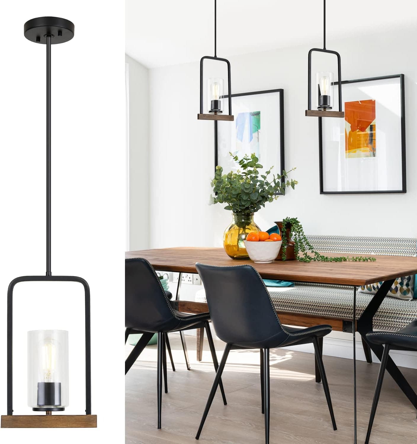 1-Light Black Iron Square Metal Frame Pendant Light,Mini Rustic Ceiling Hanging with Clear Glass Shade for Kitchen Island Dining Room Hallway Entry Foyer FairwayHome Decor Bar E26