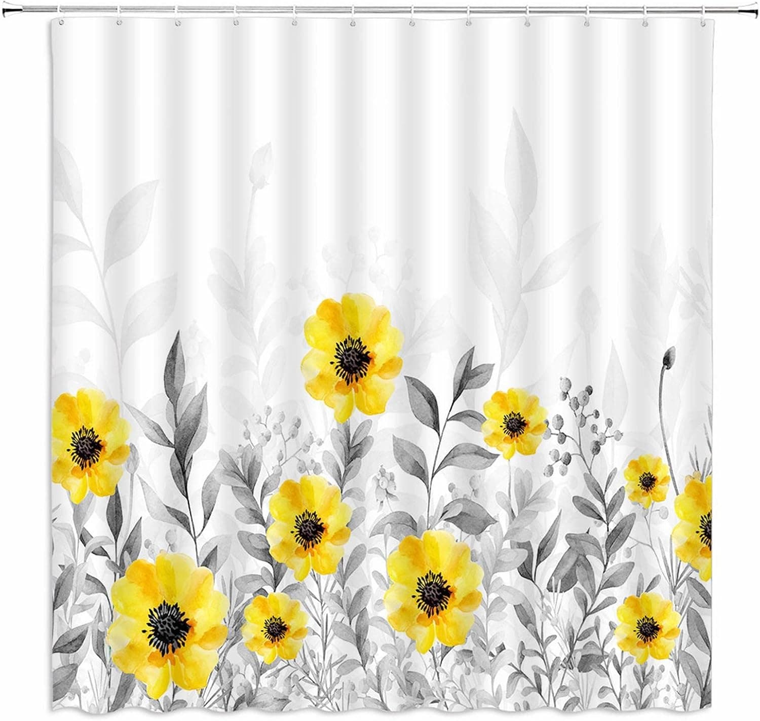 DtrMelsr Yellow Gray Flower Shower Curtain Watercolor Floral Grey Leaves Spring Wildflower Plants Abstract Leaf Elegant Botanical Modern Minimalist Chic Fabric Bathroom Curtain with Hooks