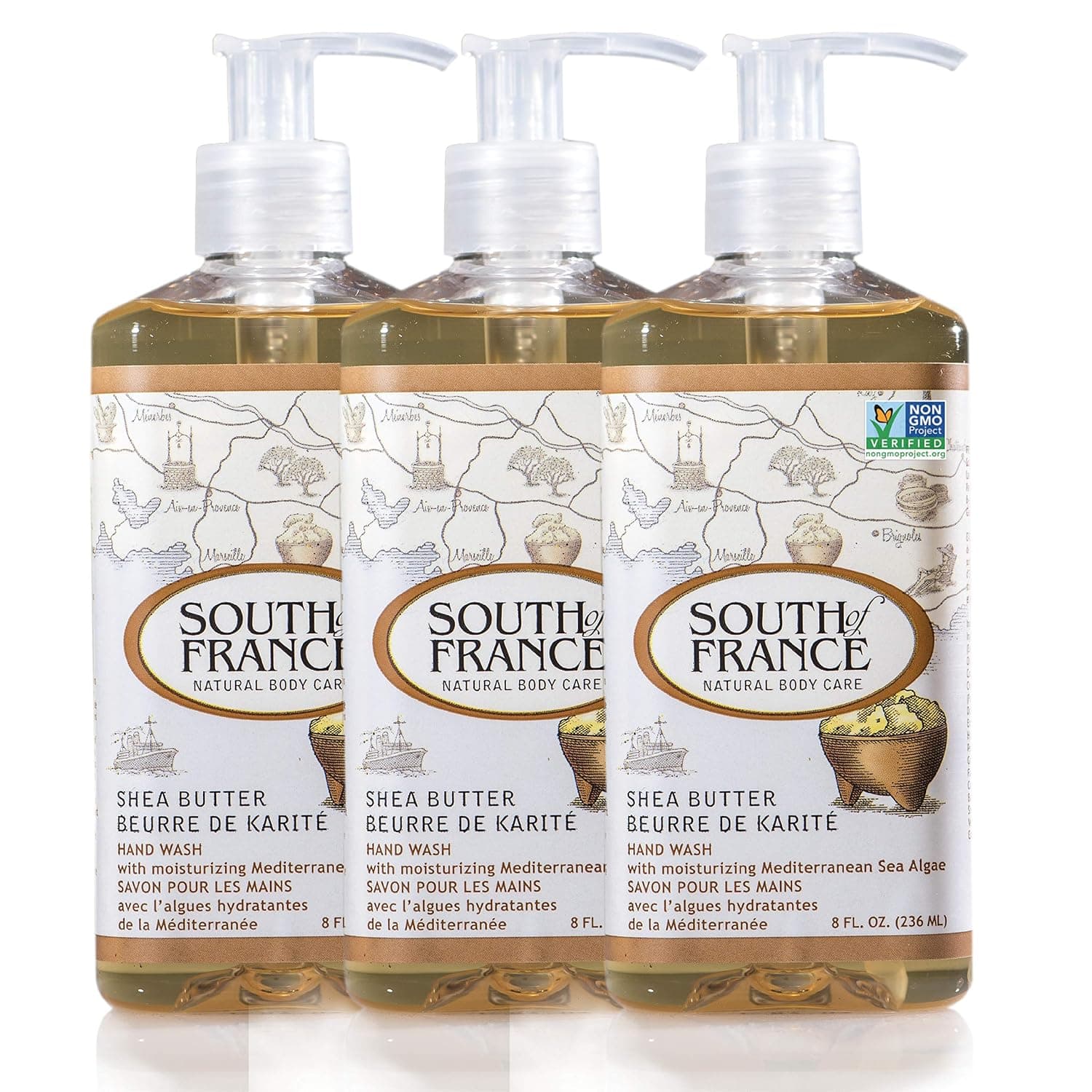 Shea Butter Clean Hand Wash by South of France Clean Body Care | Moisturizing Liquid Hand Soap with Mediterranean Sea Algae | 8 oz Pump Bottle – 3 Pack