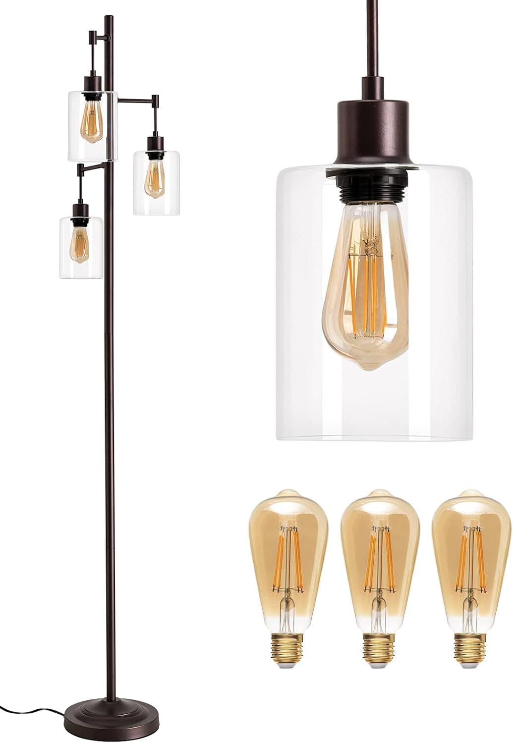 addlon Industrial Floor Lamp, Hanging Glass Shade, 3-Head Vintage Rustic Tree Standing Lamp Brown Pole Tall Light with Three LED Bulbs for Living Room, Office, Bedroom