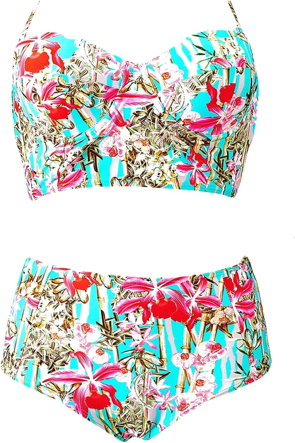 LA PLAGE Women's Swimsuit Floral High Waist Push Up Padded Bra Retro Vintage Cute Beach Swimwear size L US blue