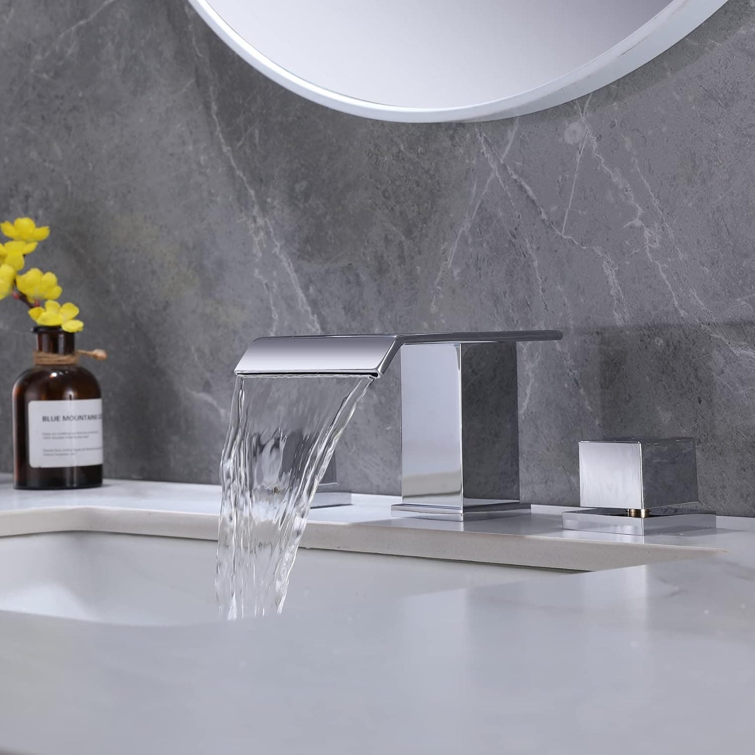 TapLong Solid Brass Modern Waterfall Bathroom Basin Faucet 3 Holes 2 Square Handles Bathroom Sink Faucet, Chrome Finish