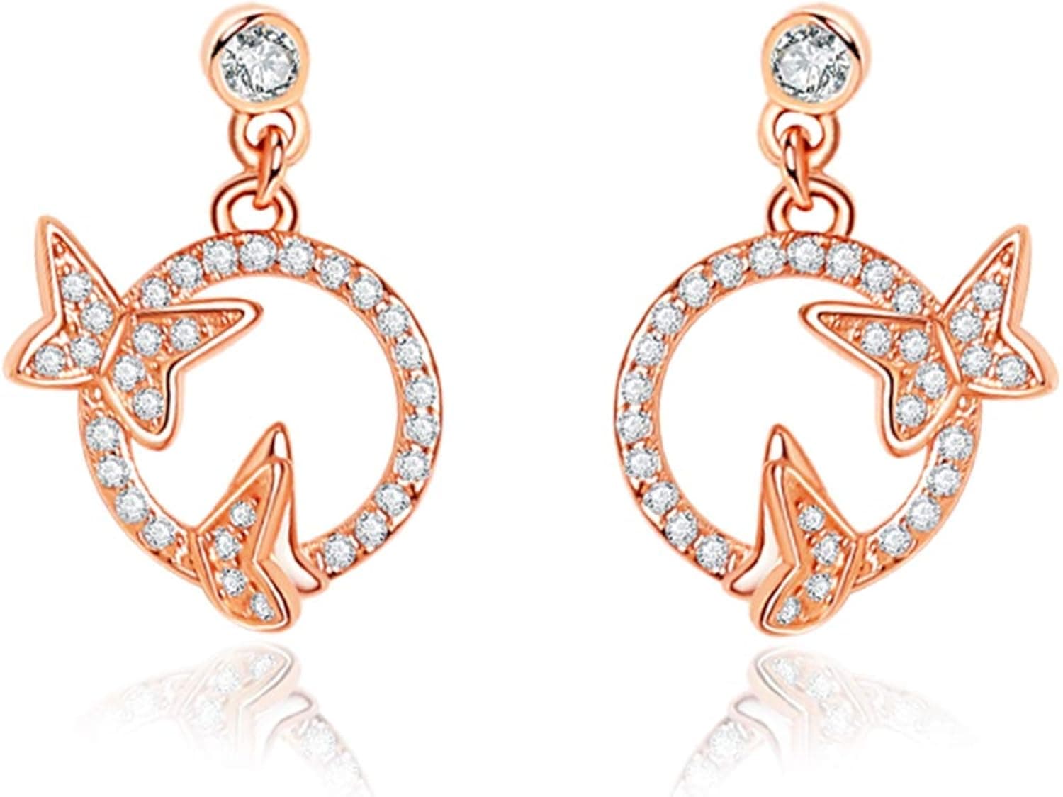 AOBOCO Butterfly Flower Earrings Sterling Silver Earrings Embellished with Crystals from Austria, Hypoallergenic Dangle Drop Earrings, Fine Jewelry Gifts for Women