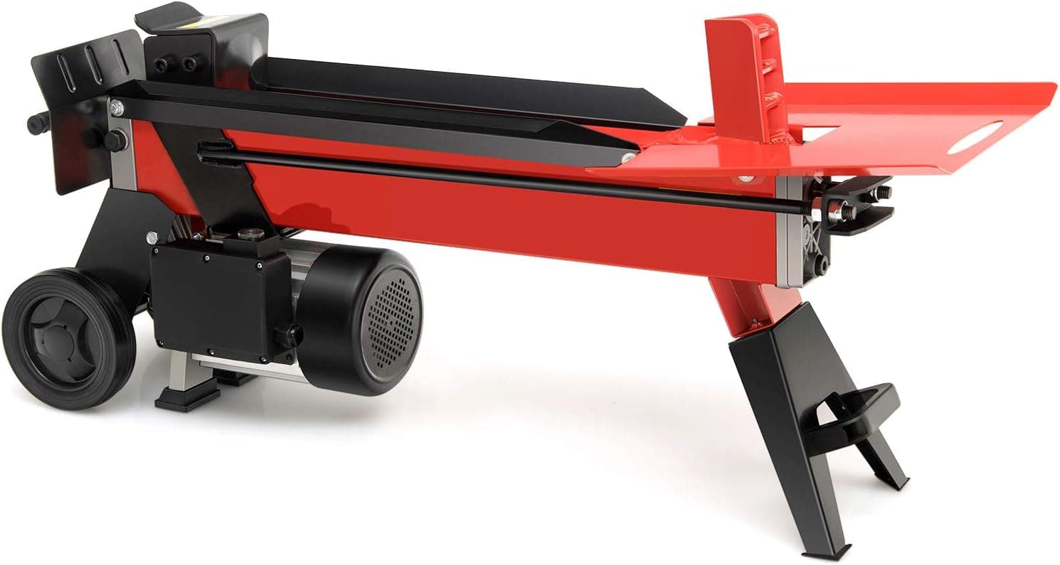 Goplus Electric Log Splitter, 7-Ton Hydraulic Horizontal Wood Splitter w/ 2000W Motor, Durable Transport Wheels and Control Lever Guard, Red