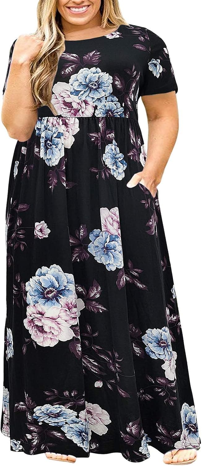 Nemidor Women Short Sleeve Loose Plain Casual Plus Size Long Maxi Dress with Pockets