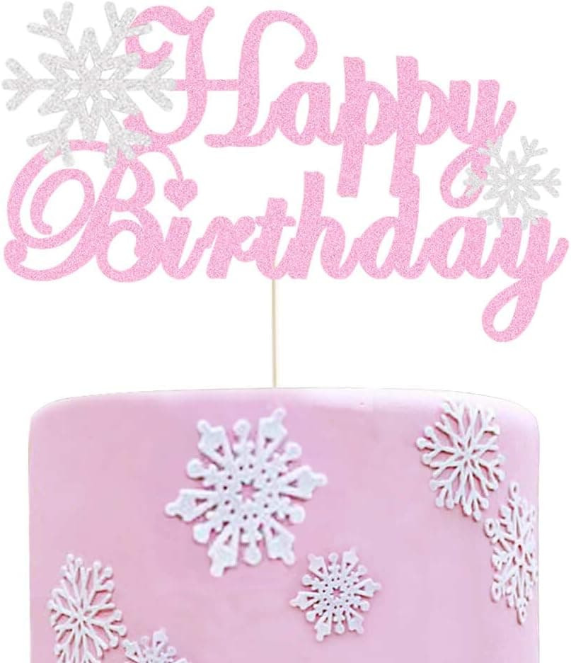 Snowflake Happy Birthday Cake Topper Pink Silver Winter Birthday Cake Decoration Winter Wonderland Christmas Themed Girls 1st 2nd 3rd 4th 5th Birthday Party Cake Supplies Decorations