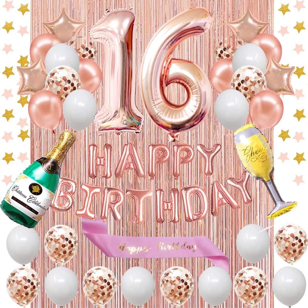 Fancypartyshop 16th Birthday Decorations - Rose Gold Happy Birthday Banner and Sash with Number 16 Balloons Latex Confetti balloons Ideal for Girl 16 Years Old Birthday Rose Gold