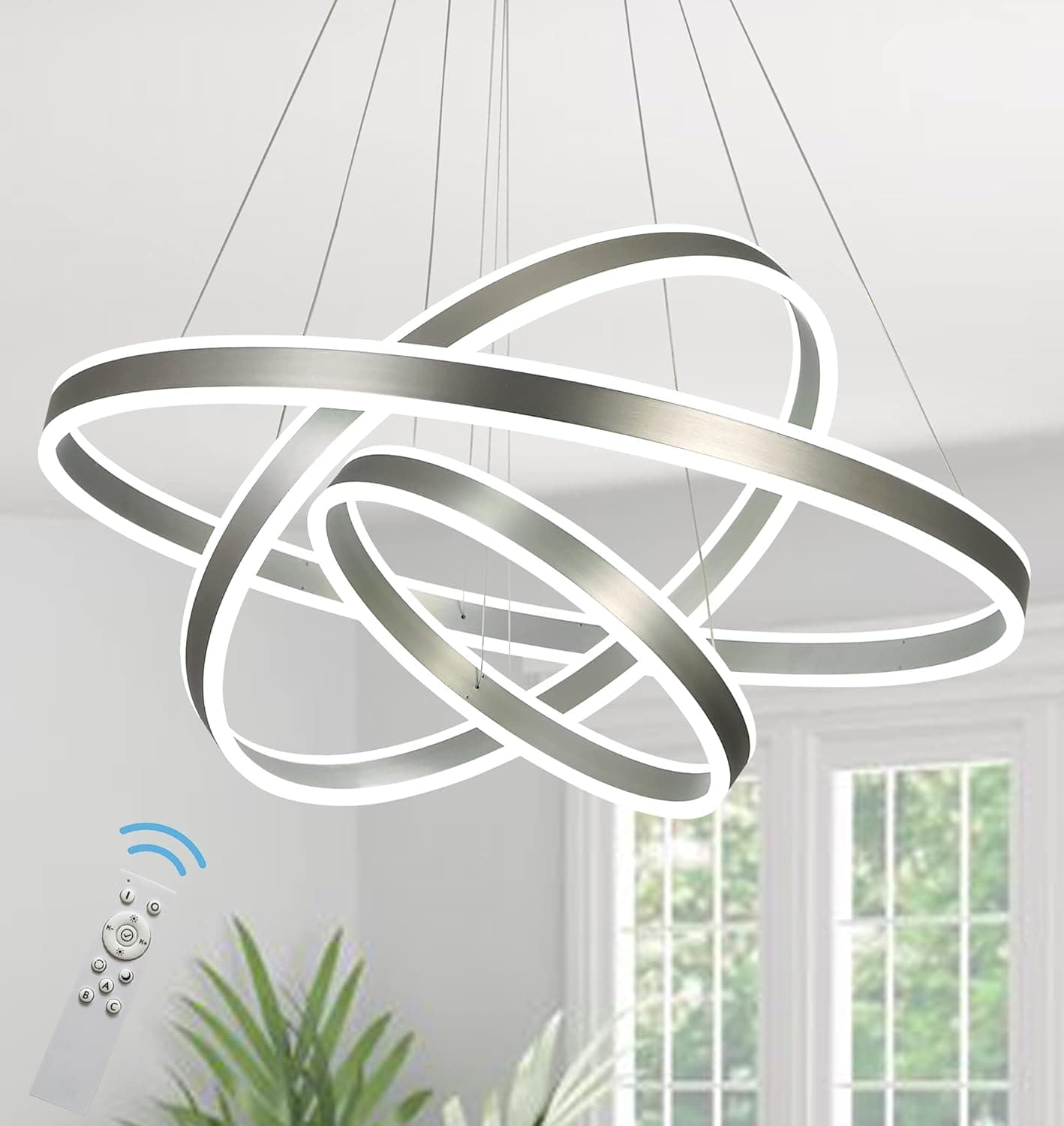 Meenyo Modern Led Chandelier Dimmable LED 3 Ring Chandeliers Lighting Nickel Ceiling Pendant Light Fixtures Contemporary Dining Room Foyer 113W 31.5" Dia