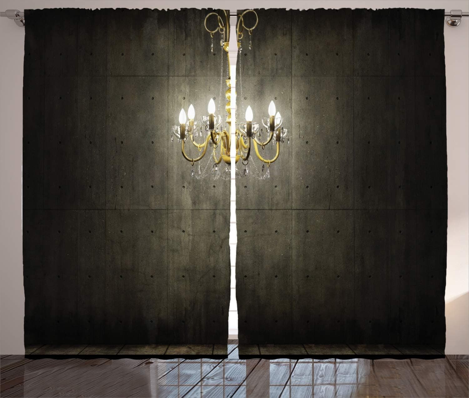 Ambesonne Grunge Curtains, Classic Chandelier in a Dark Gothic Wooden Room Vintage Style Room Picture, Living Room Bedroom Window Drapes 2 Panel Set, 108" X 84", Grey Yellow