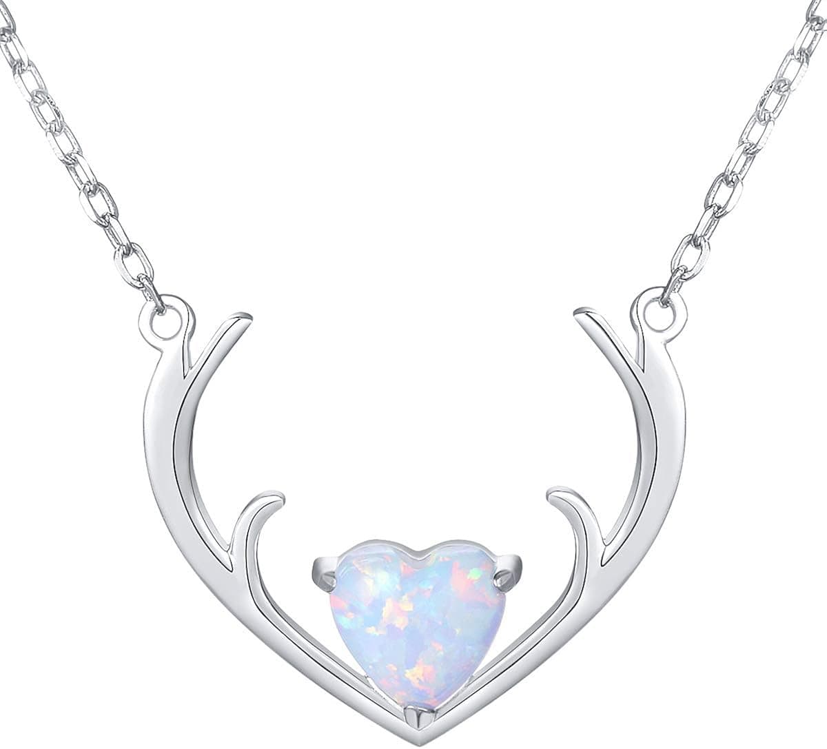 S925 Sterling Silver Heart Reindeer Elk Deer Antler Horn Necklace for Women Girl