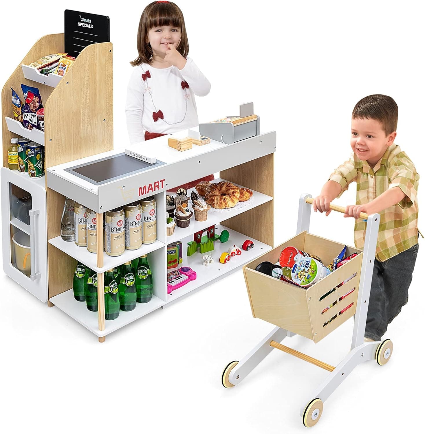 Costzon Pretend Grocery Store Playset, Supermarket Play Toy with Shopping Cart, Scanner, Register, Credit Card, 5 Wooden Coins, Cashier Pretend Play for Kids Toddlers