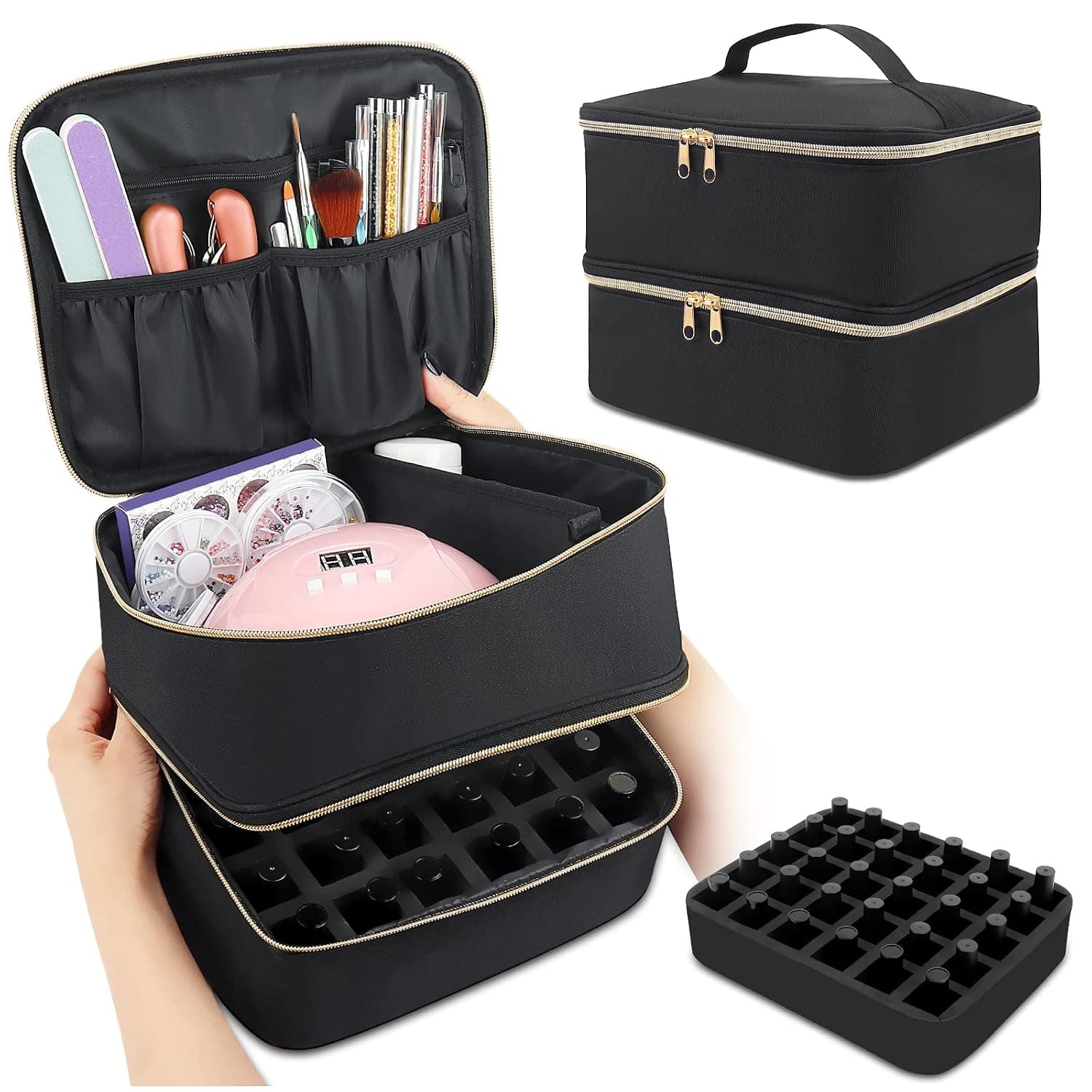 Nail Polish Organizer, Nail Polish Carrying Case, Portable Nail Polish Holder Holds 30 Bottles and Nail Lamp, Layers Nail Polish Storage Bag with Stable Dividers Removable Storage Pockets, Black