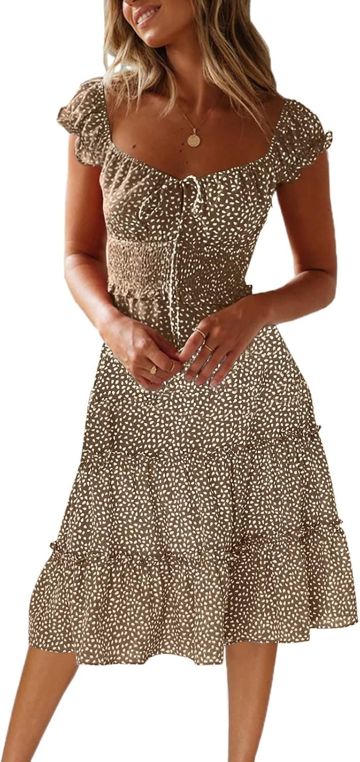 Womens Summer Dress V Neck Boho Floral Smocked Dress Ruffle Flowy Puffy Sleeve Sexy Mini Dresses