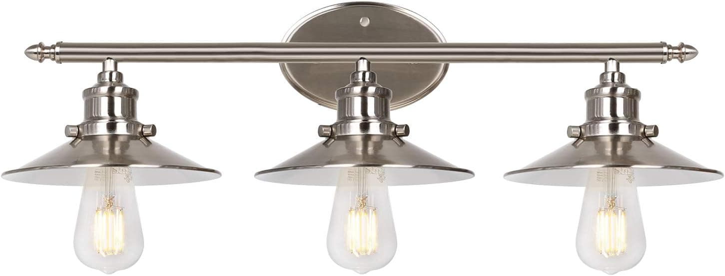 hykolity 3-Light Retro Vanity Light, Brushed Nickel Bathroom Light Fixtures with Metal Shades for Dresser&Mirror Cabinets, Farmhouse Wall Sconce Lighting for Bedroom, Powder Room (Bulb not Included)