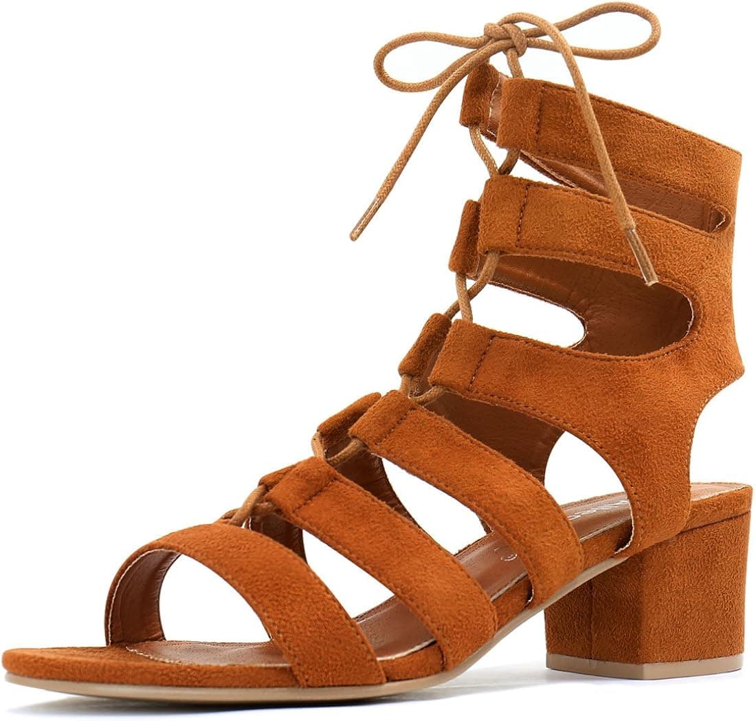 #YD3289 4 Women Open Toe Cutout Chunky Heel Lace-Up Sandals Brown / 10.5