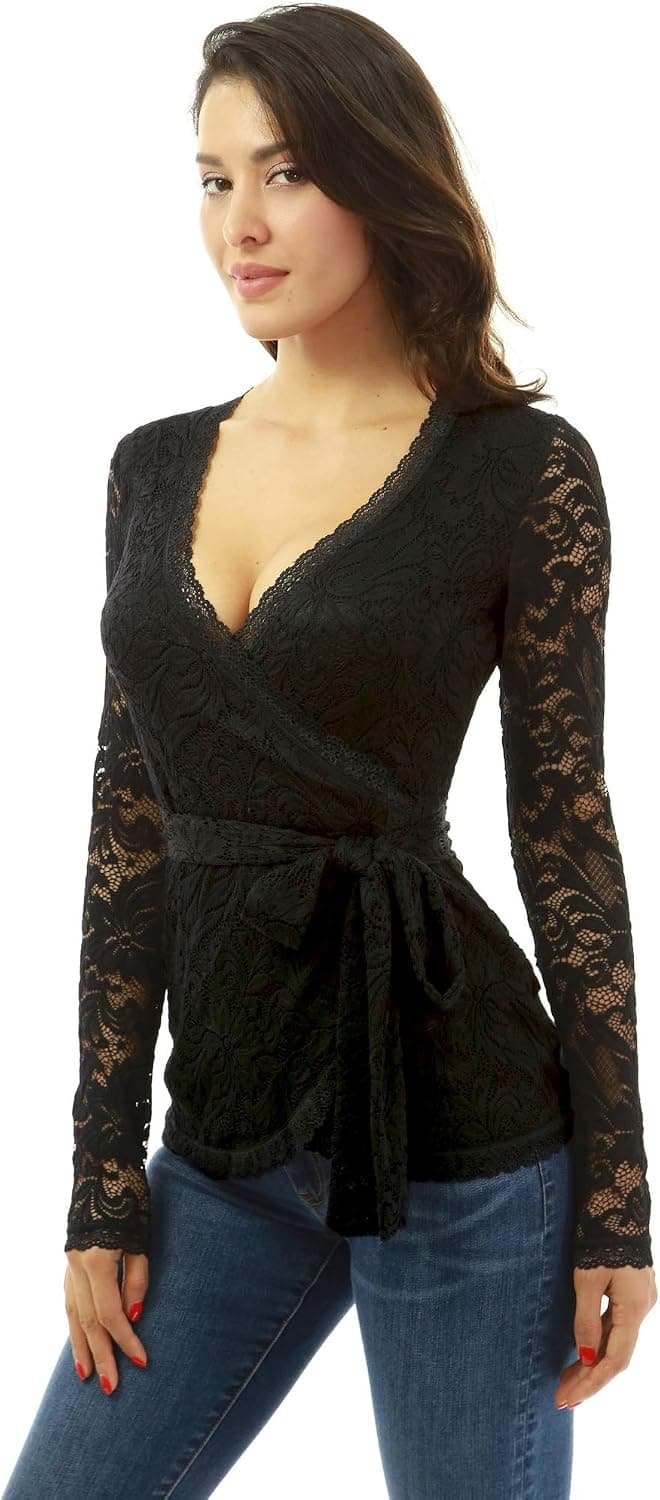 PattyBoutik Women Floral Lace Long Sleeve Wrap Blouse (Black Large)