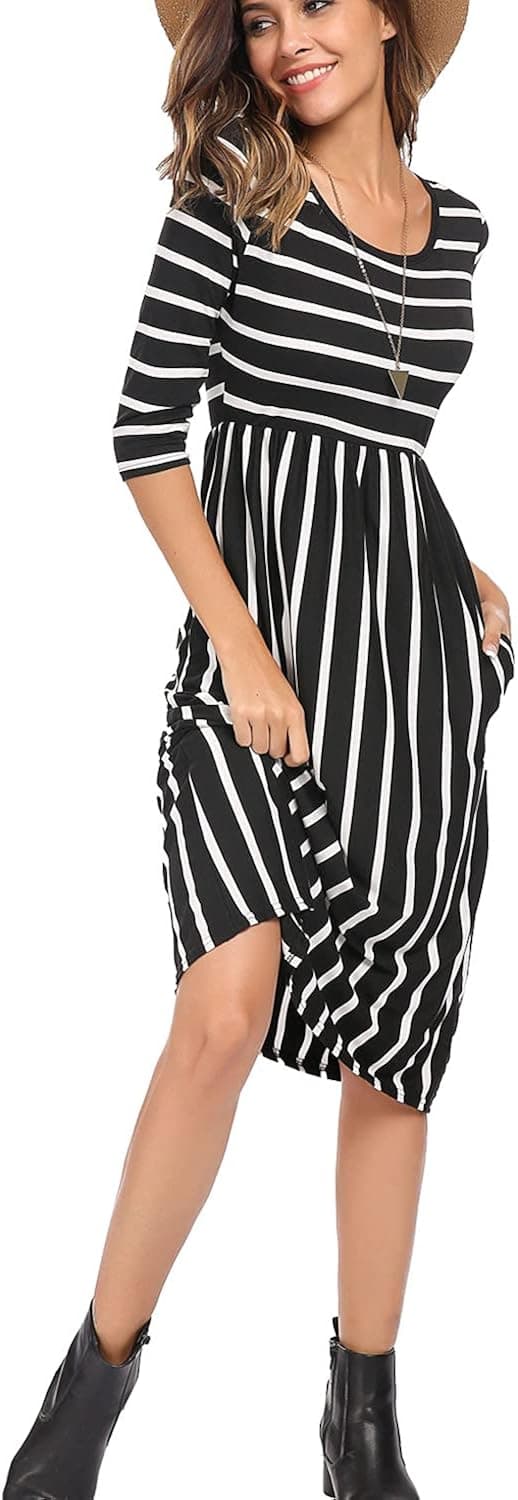 Halife Women's 3 4 Sleeve Stripe Elastic Waist Casual Dress with Pocket