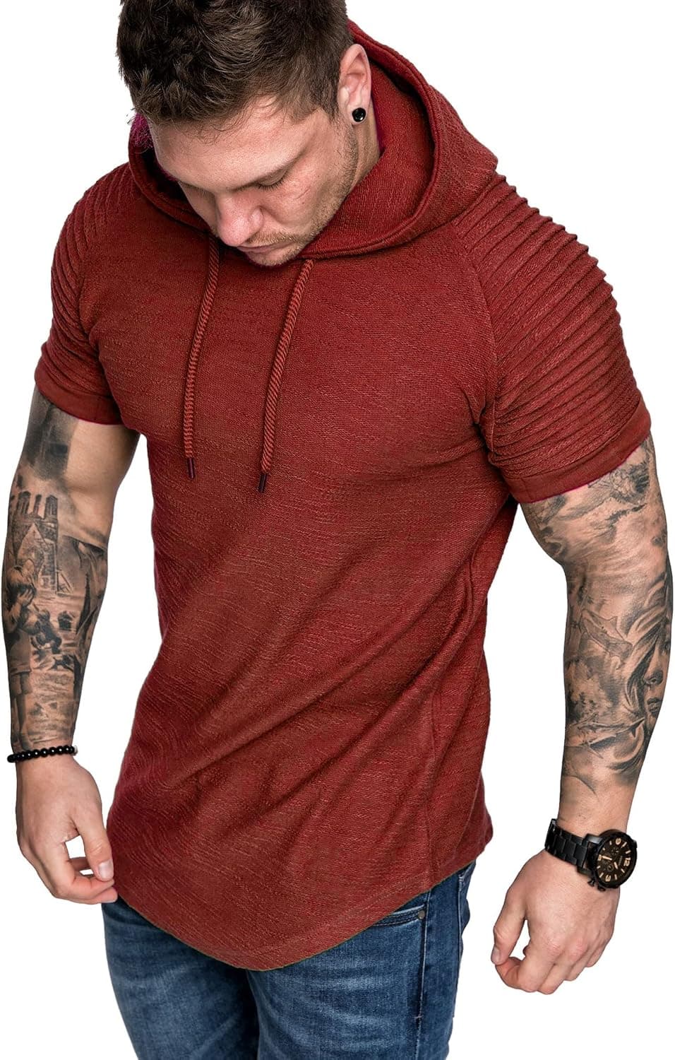 COOFANDY Mens Muscle Workout Hooded T-shirts Short Sleeve Hoodies Stylish Gym Weightlifting Tees Red XXL