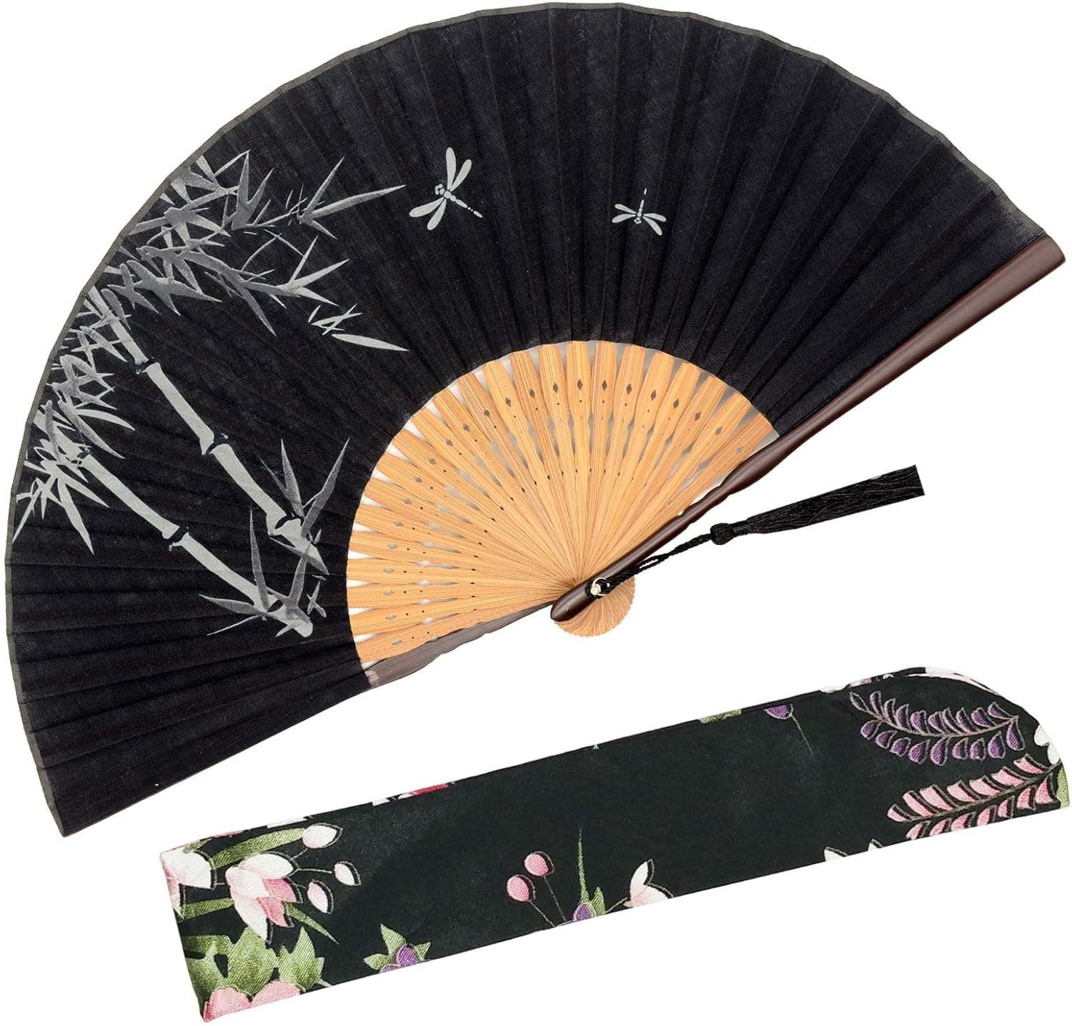 Zolee Small Folding Hand Fan - Chinese Japanese Vintage Bamboo Silk Fans - for Dance, Performance, Decoration, Wedding, Party，GIF （Bamboo Forest-Black） 0204