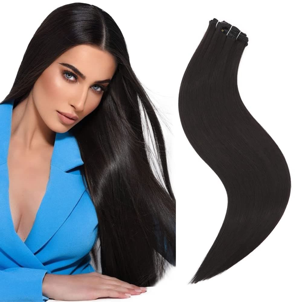 K'ryssma Hair Extensions Clip In 20 Inch Natural Black Hair Extensions for Women Soft Kanekalon Fiber Double Wefts Full Head 7PCS Synthetic Thick Hairpieces 150g（#1B))