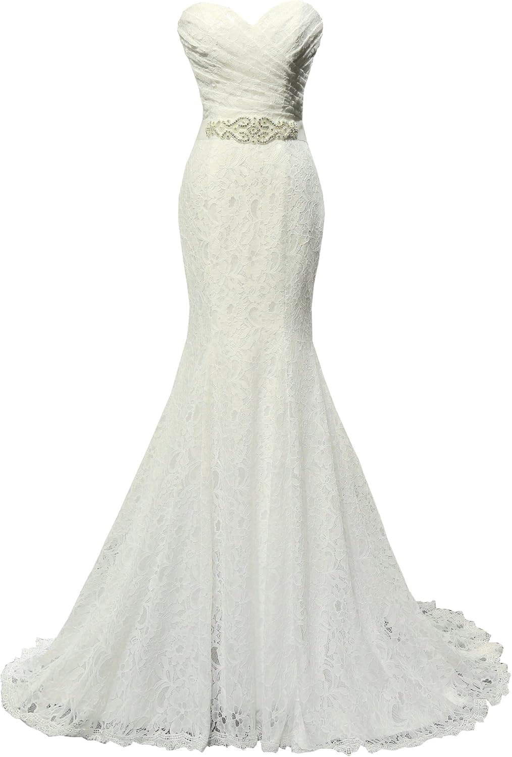 SOLOVEDRESS Women's Beaded Pleat Lace Wedding Dress Mermaid Bridal Gown with Sash
