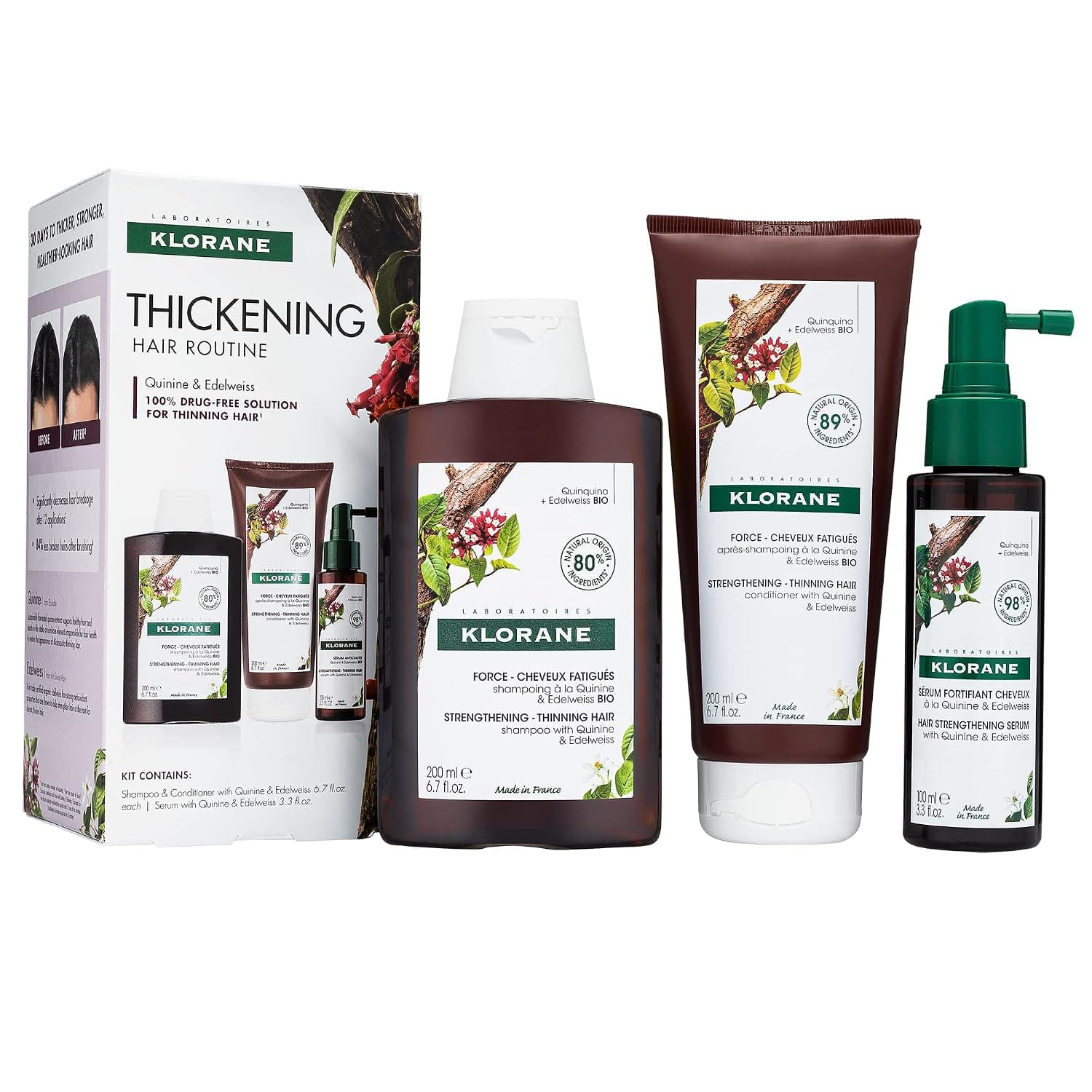 Klorane Hair Thickening Routine with Quinine and Edelweiss for thinning hair. Get thicker, stronger, healthier looking hair, Sulfate & Paraben-free