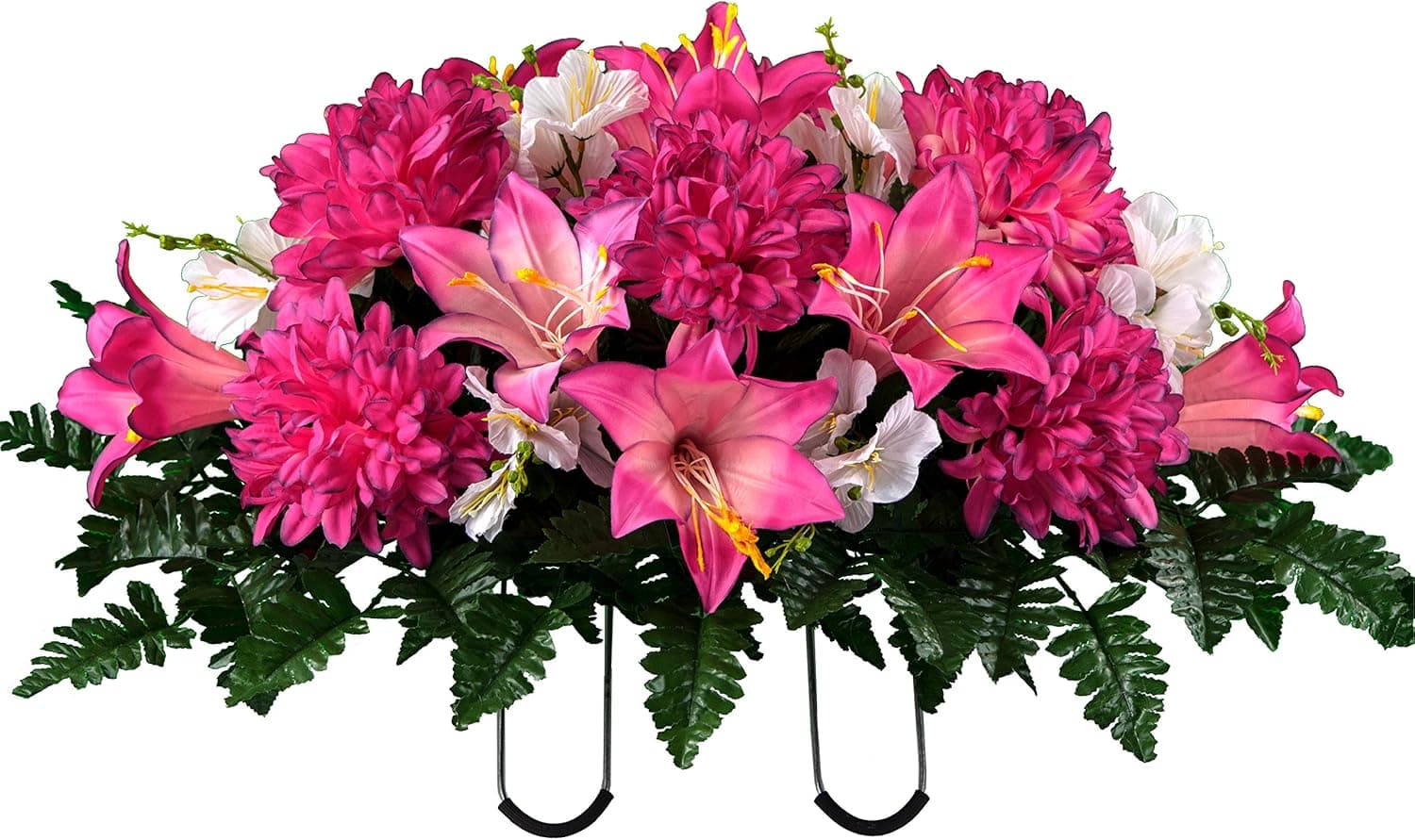 Sympathy Silks Artificial Cemetery Flowers - Realistic - Outdoor Grave Decorations - Non-Bleed Colors, and Easy Fit - Pink Purple Dahlia Mix Saddle for Headstone