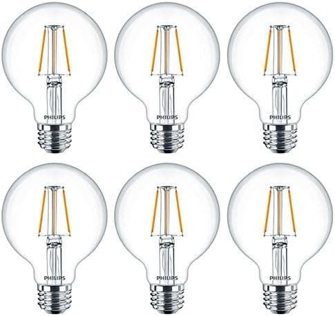 Philips LED Indoor/Outdoor G25 Clear Glass Dimmable Filament Light Bulb with Warm Glow Effect: 500-Lumen, 2700-2200 Kelvin, 6-Watt (60-Watt Equivalent), E26 Medium Base, Soft White, 6-Pack