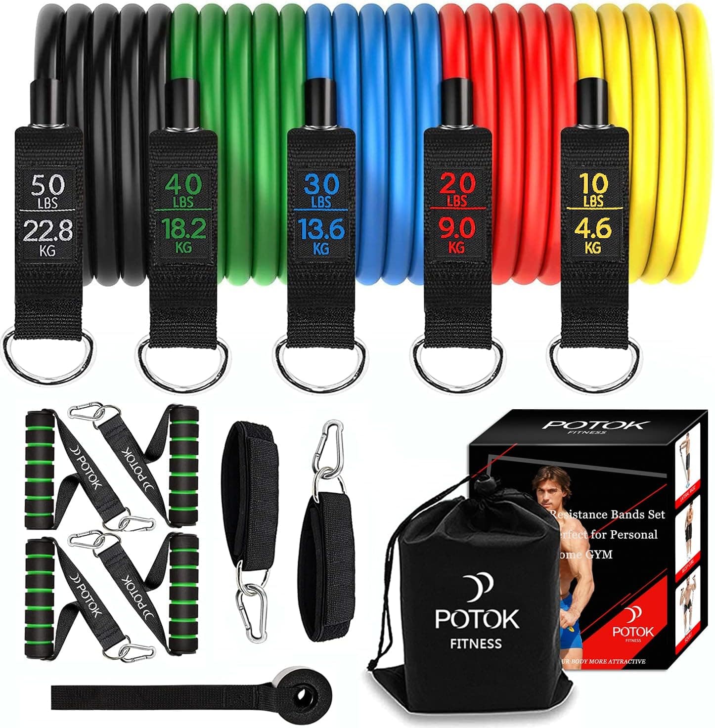 Resistance Band Set, Exercise Bands Stackable up to 150 lbs, Indoor/Outdoor Exercise Bands with Door Anchors and Handles, Suitable for Gym, Strength, Slim, Yoga, Men/Women Home Gym Equipment…