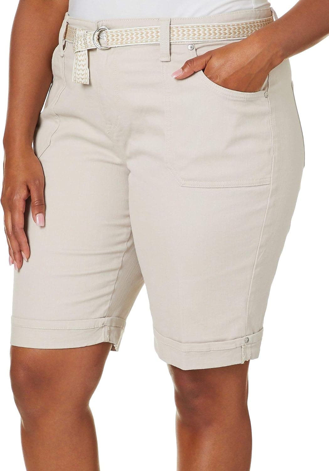 Gloria Vanderbilt Women's Plus Size Mia Belted Bermuda Short, Stonewood, 16W