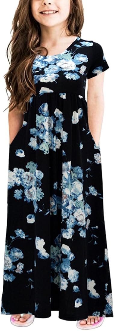 GORLYA Girl's Short Sleeve Floral Print Loose Casual Long Maxi Dress with Pockets 4-12 Years