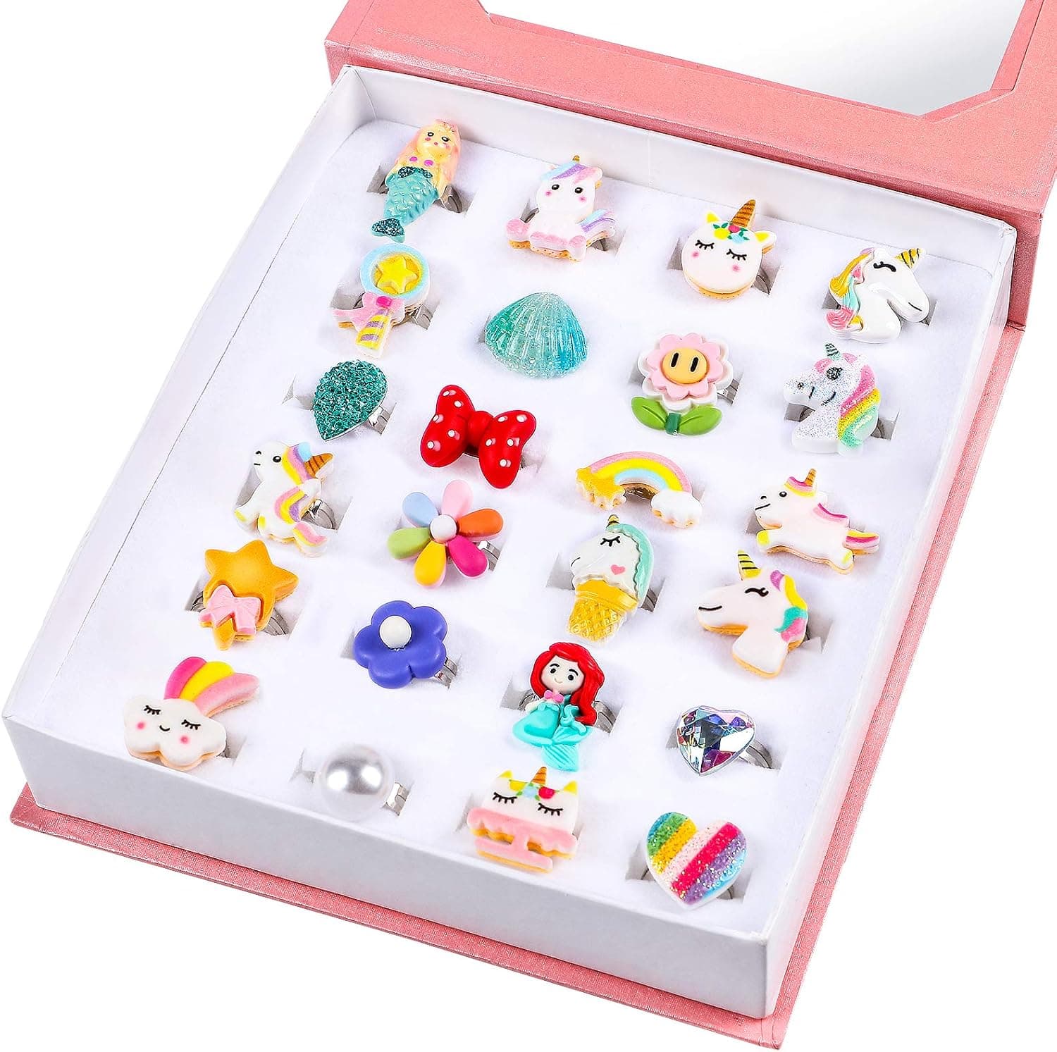 Lorfancy Girls Kids Jewelry Rings 24 pcs Little Toddler Girl Costume Princess Dress up Party Favors Girls Toys (J)